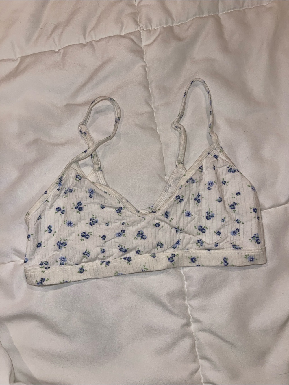 aerie White Ribbed Bralette with Blue Floral Print